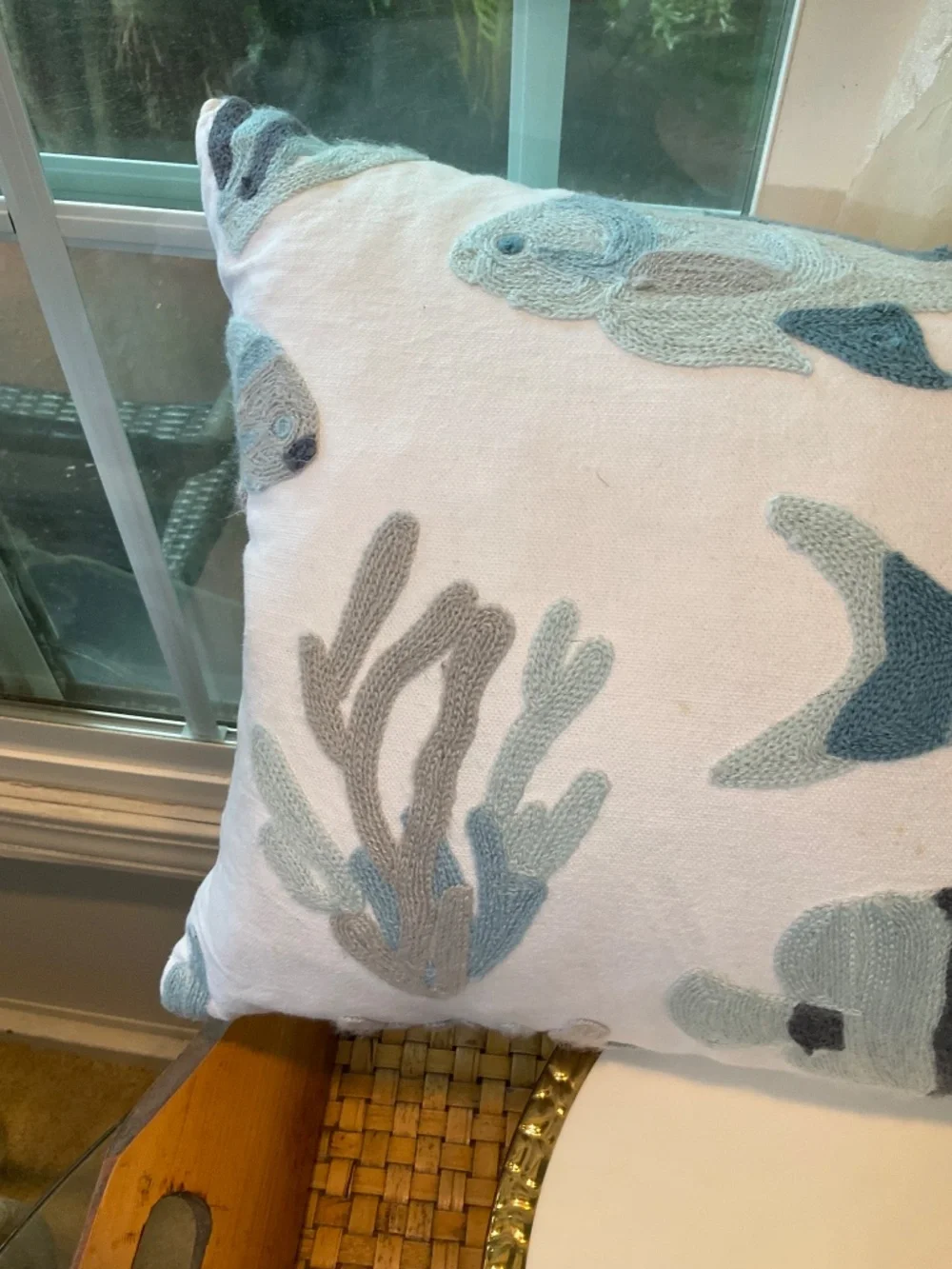 Blue & White Embroidered Knitted Fish Throw Pillow